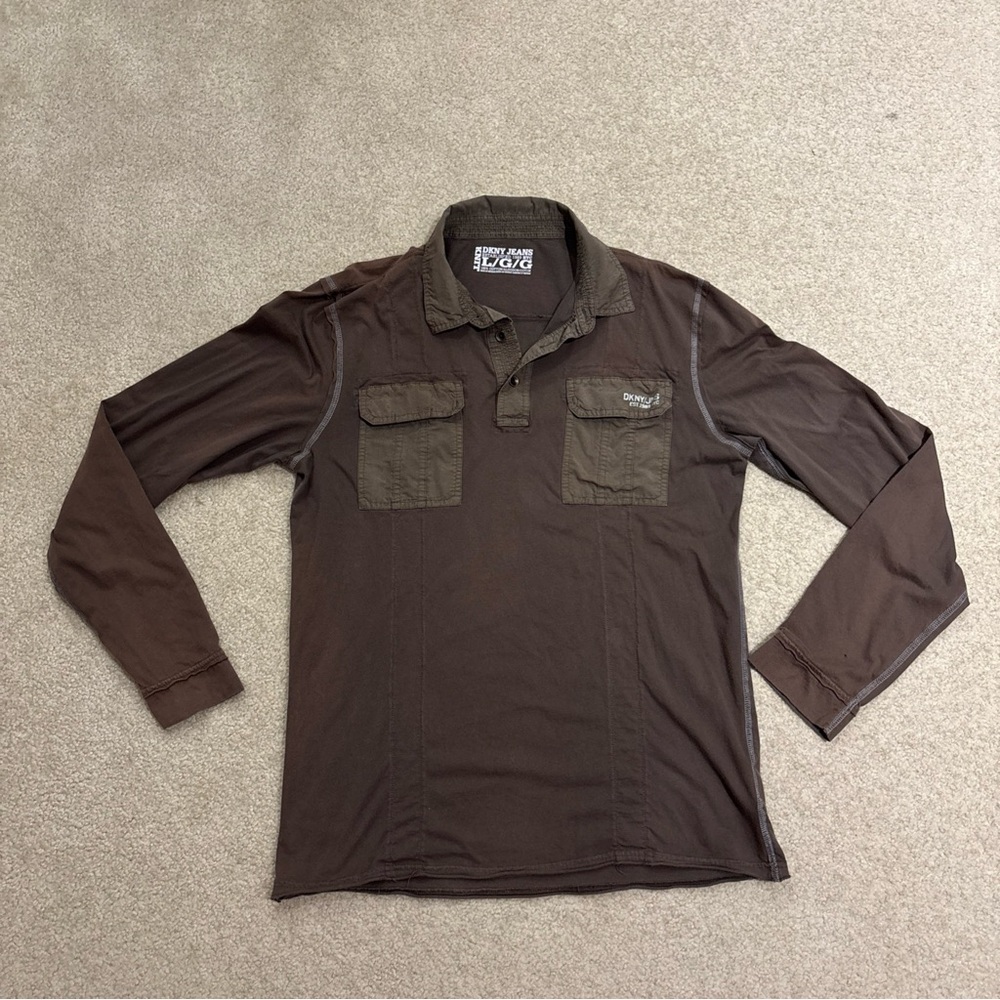 DKNY Men's Long Sleeve Brown Utility Polo
